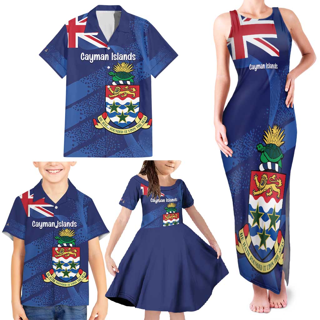 Personalised Cayman Islands Family Matching Tank Maxi Dress and Hawaiian Shirt Coat Of Arms Grunge Style - Wonder Print Shop