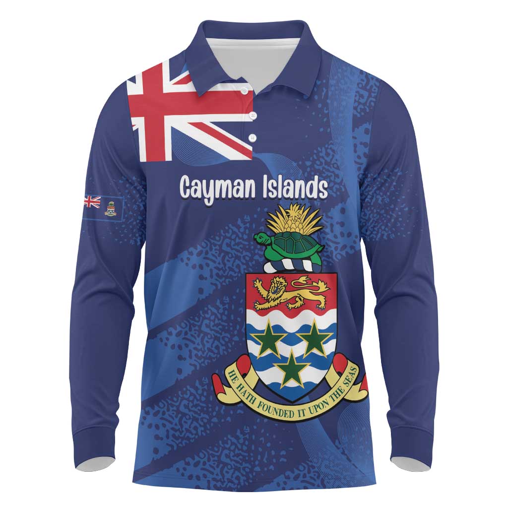 Personalised Cayman Islands Long Sleeve Polo Shirt Coat Of Arms Grunge Style - Wonder Print Shop