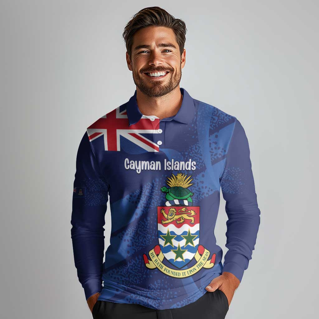 Personalised Cayman Islands Long Sleeve Polo Shirt Coat Of Arms Grunge Style - Wonder Print Shop