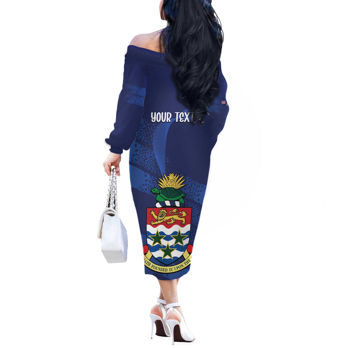 Personalised Cayman Islands Off The Shoulder Long Sleeve Dress Coat Of Arms Grunge Style - Wonder Print Shop