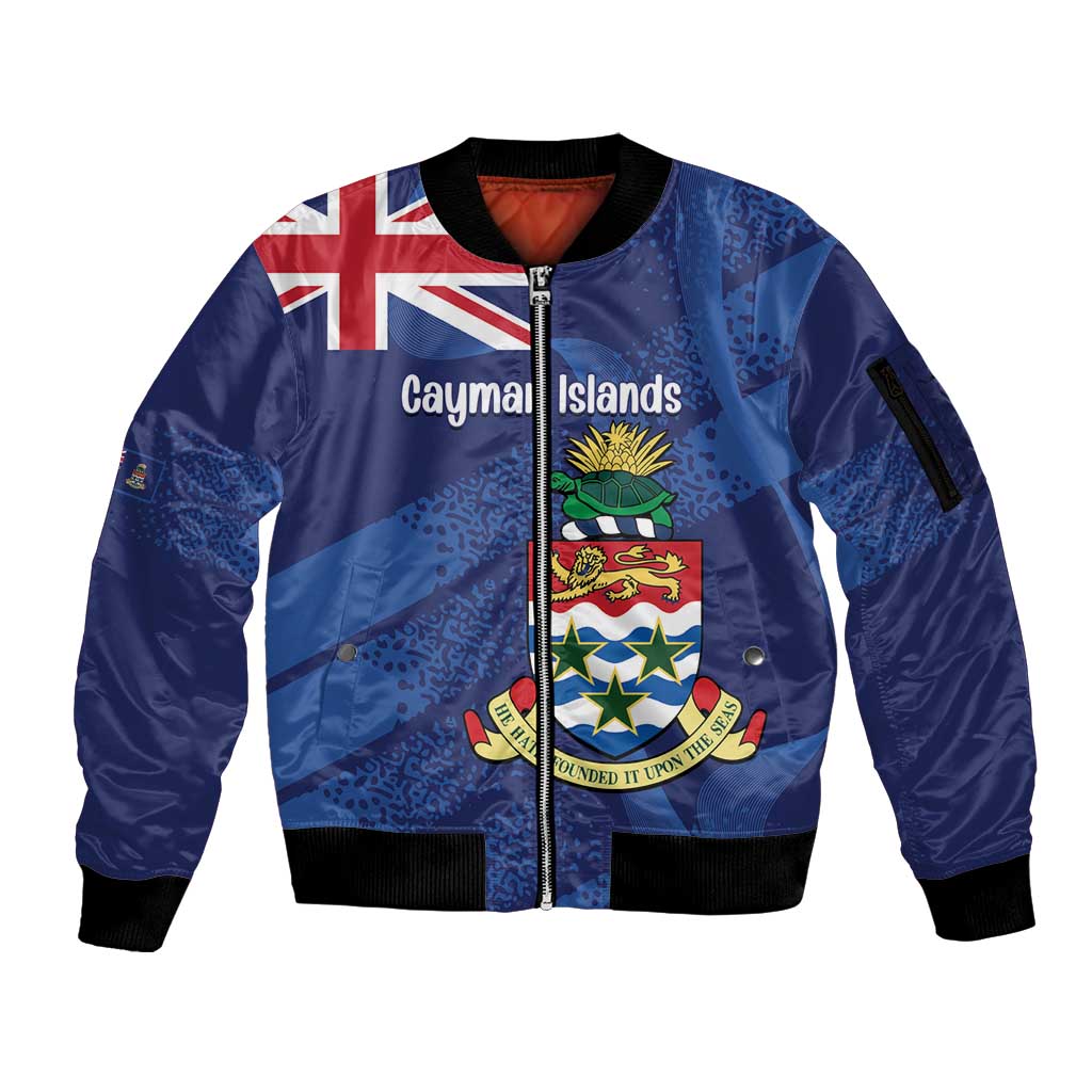Personalised Cayman Islands Sleeve Zip Bomber Jacket Coat Of Arms Grunge Style - Wonder Print Shop