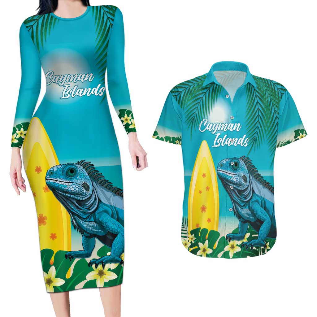 Blue Iguana Cayman Islands Couples Matching Long Sleeve Bodycon Dress and Hawaiian Shirt Turquoise Tropical Vibes