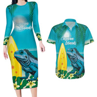 Blue Iguana Cayman Islands Couples Matching Long Sleeve Bodycon Dress and Hawaiian Shirt Turquoise Tropical Vibes
