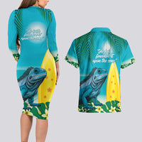 Blue Iguana Cayman Islands Couples Matching Long Sleeve Bodycon Dress and Hawaiian Shirt Turquoise Tropical Vibes