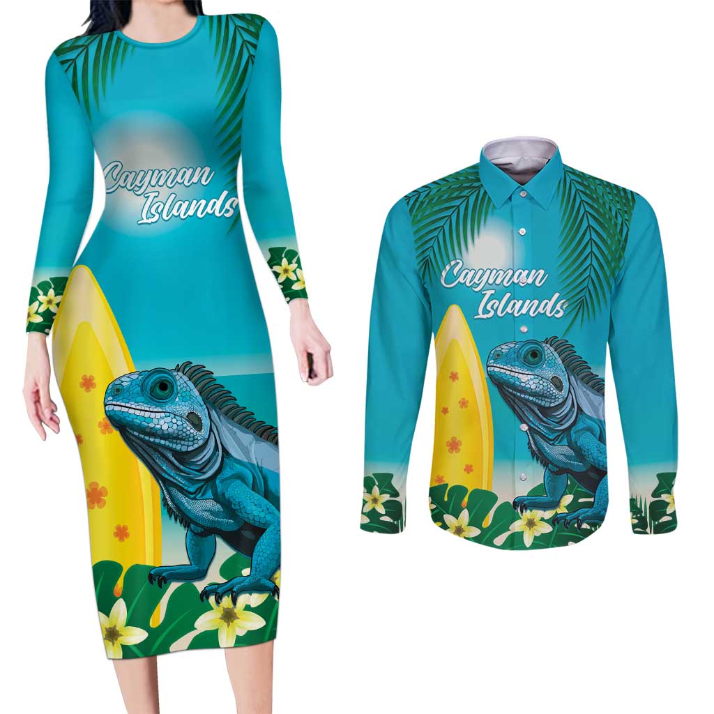 Blue Iguana Cayman Islands Couples Matching Long Sleeve Bodycon Dress and Long Sleeve Button Shirt Turquoise Tropical Vibes