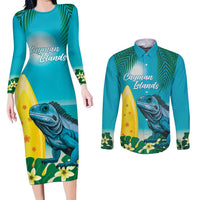 Blue Iguana Cayman Islands Couples Matching Long Sleeve Bodycon Dress and Long Sleeve Button Shirt Turquoise Tropical Vibes