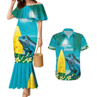 Blue Iguana Cayman Islands Couples Matching Mermaid Dress and Hawaiian Shirt Turquoise Tropical Vibes