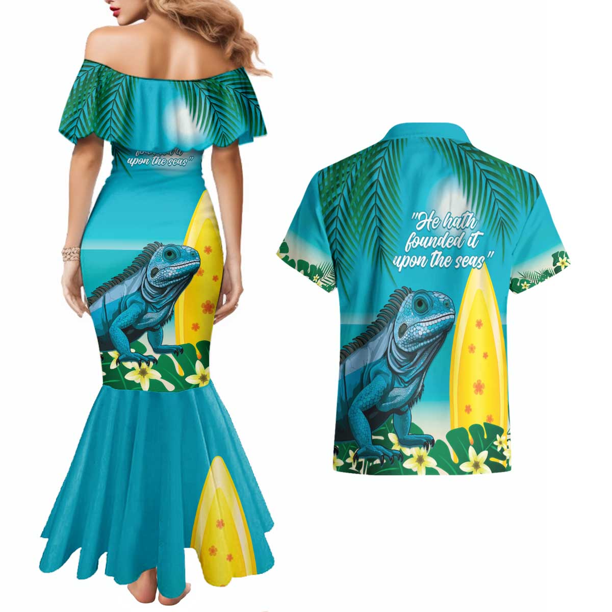 Blue Iguana Cayman Islands Couples Matching Mermaid Dress and Hawaiian Shirt Turquoise Tropical Vibes