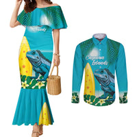 Blue Iguana Cayman Islands Couples Matching Mermaid Dress and Long Sleeve Button Shirt Turquoise Tropical Vibes