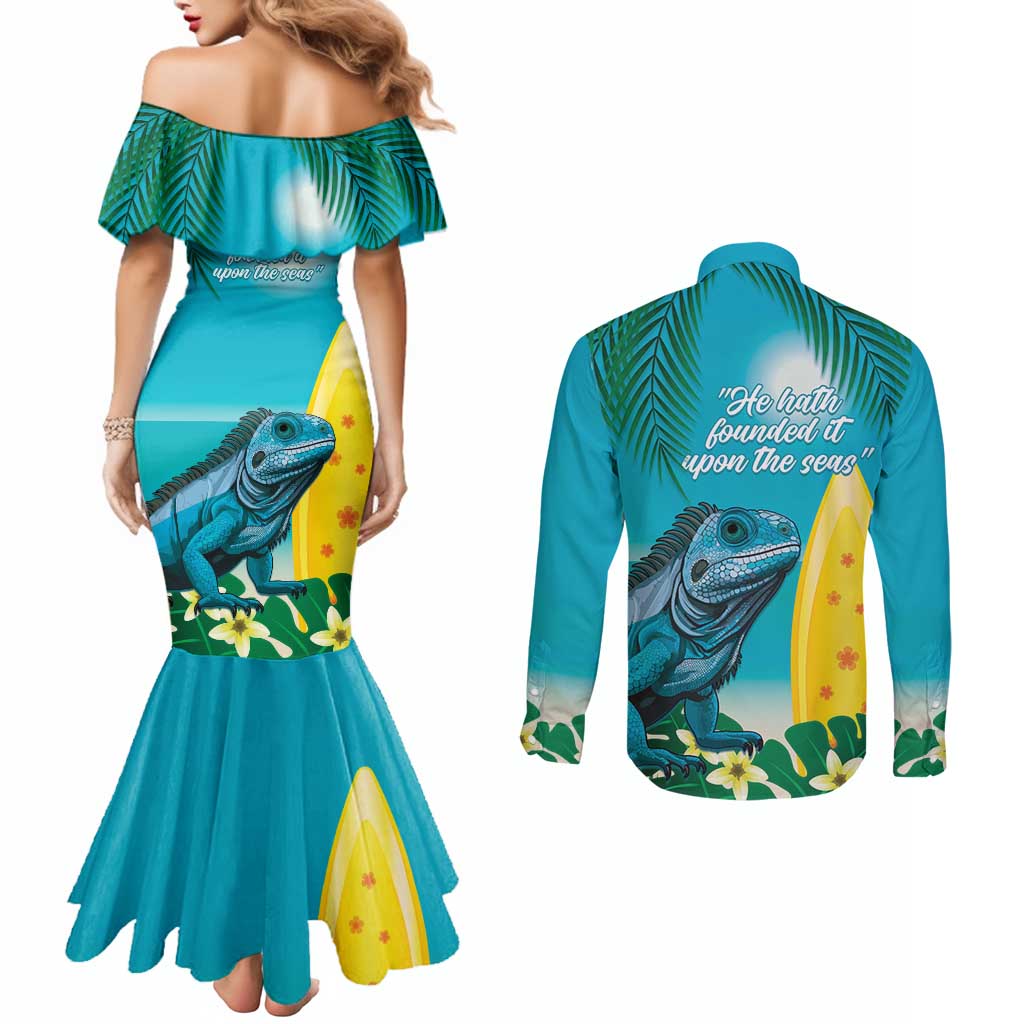 Blue Iguana Cayman Islands Couples Matching Mermaid Dress and Long Sleeve Button Shirt Turquoise Tropical Vibes