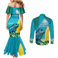 Blue Iguana Cayman Islands Couples Matching Mermaid Dress and Long Sleeve Button Shirt Turquoise Tropical Vibes