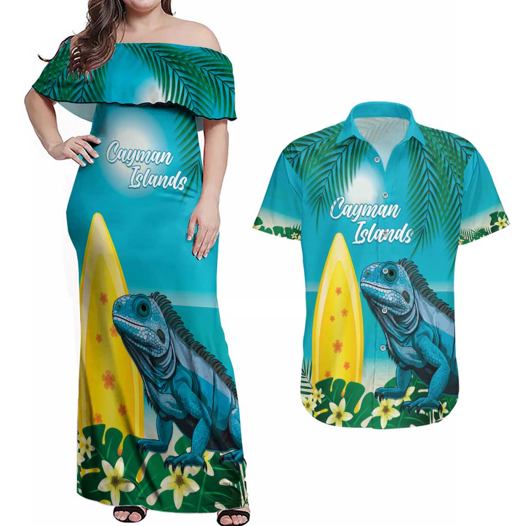 Blue Iguana Cayman Islands Couples Matching Off Shoulder Maxi Dress and Hawaiian Shirt Turquoise Tropical Vibes