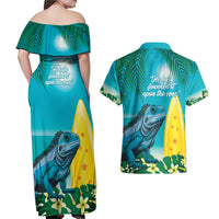Blue Iguana Cayman Islands Couples Matching Off Shoulder Maxi Dress and Hawaiian Shirt Turquoise Tropical Vibes