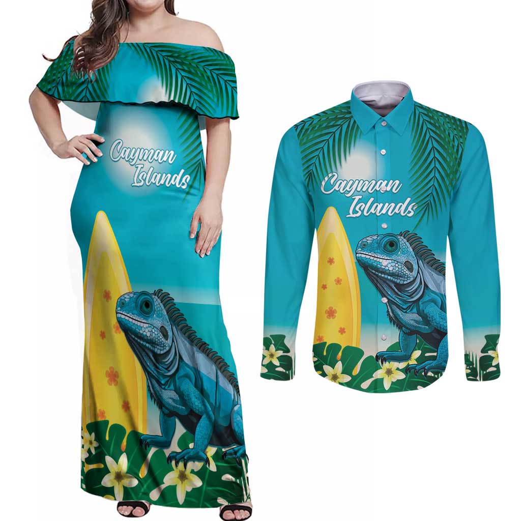 Blue Iguana Cayman Islands Couples Matching Off Shoulder Maxi Dress and Long Sleeve Button Shirt Turquoise Tropical Vibes
