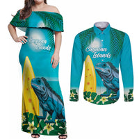 Blue Iguana Cayman Islands Couples Matching Off Shoulder Maxi Dress and Long Sleeve Button Shirt Turquoise Tropical Vibes