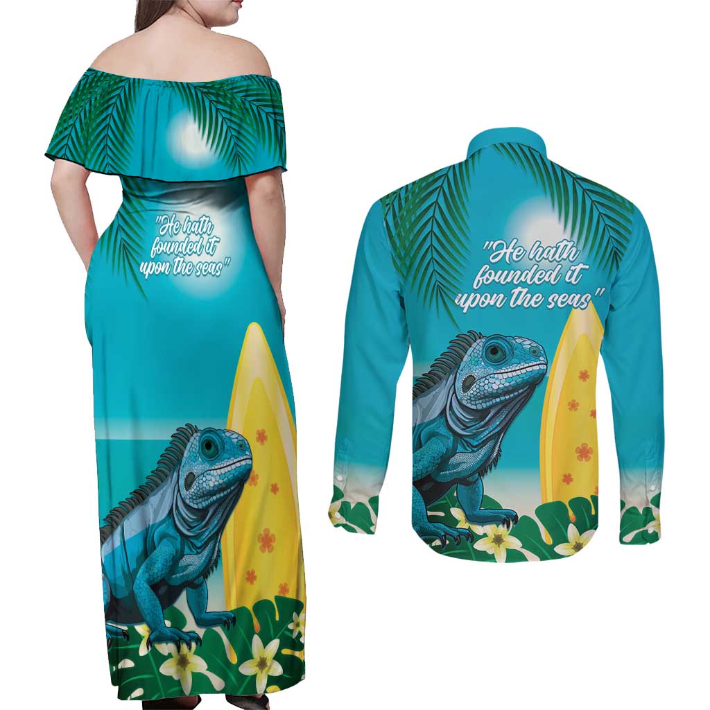 Blue Iguana Cayman Islands Couples Matching Off Shoulder Maxi Dress and Long Sleeve Button Shirt Turquoise Tropical Vibes