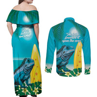 Blue Iguana Cayman Islands Couples Matching Off Shoulder Maxi Dress and Long Sleeve Button Shirt Turquoise Tropical Vibes