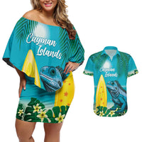 Blue Iguana Cayman Islands Couples Matching Off Shoulder Short Dress and Hawaiian Shirt Turquoise Tropical Vibes