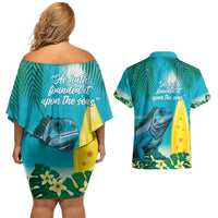 Blue Iguana Cayman Islands Couples Matching Off Shoulder Short Dress and Hawaiian Shirt Turquoise Tropical Vibes