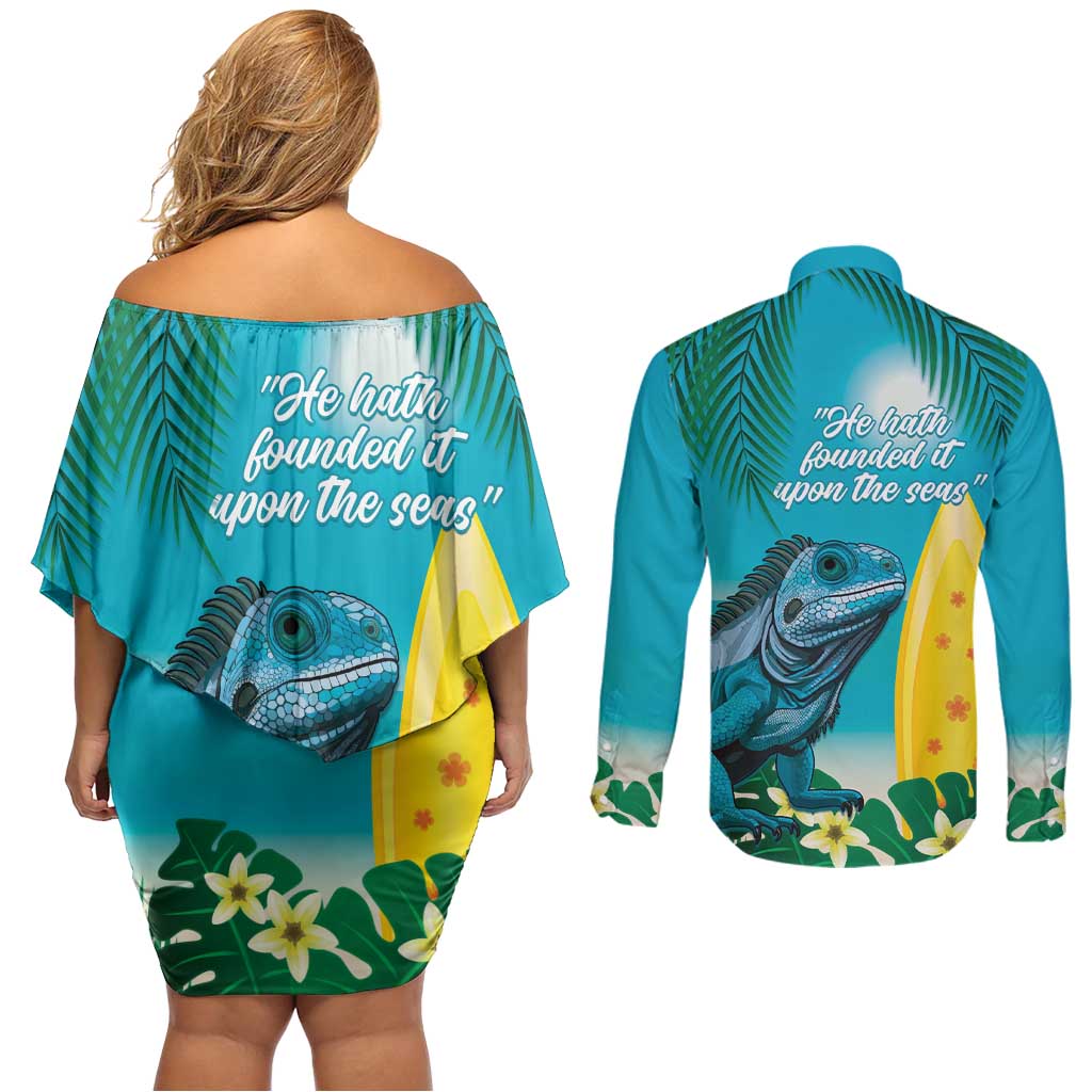 Blue Iguana Cayman Islands Couples Matching Off Shoulder Short Dress and Long Sleeve Button Shirt Turquoise Tropical Vibes