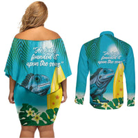 Blue Iguana Cayman Islands Couples Matching Off Shoulder Short Dress and Long Sleeve Button Shirt Turquoise Tropical Vibes