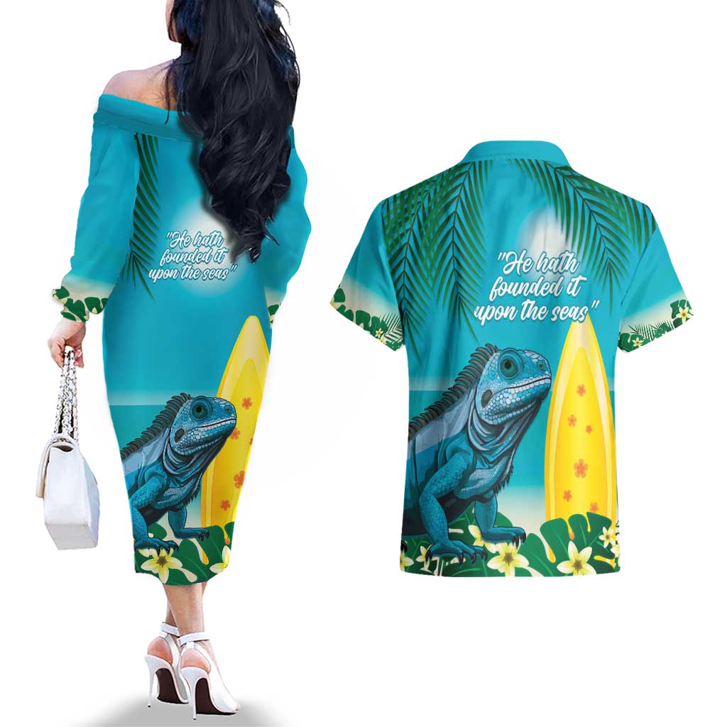 Blue Iguana Cayman Islands Couples Matching Off The Shoulder Long Sleeve Dress and Hawaiian Shirt Turquoise Tropical Vibes