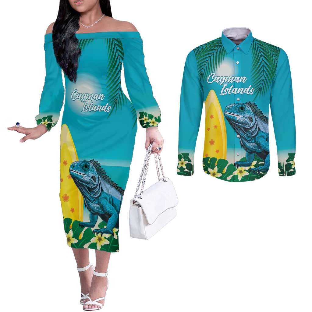 Blue Iguana Cayman Islands Couples Matching Off The Shoulder Long Sleeve Dress and Long Sleeve Button Shirt Turquoise Tropical Vibes