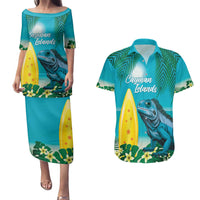 Blue Iguana Cayman Islands Couples Matching Puletasi and Hawaiian Shirt Turquoise Tropical Vibes