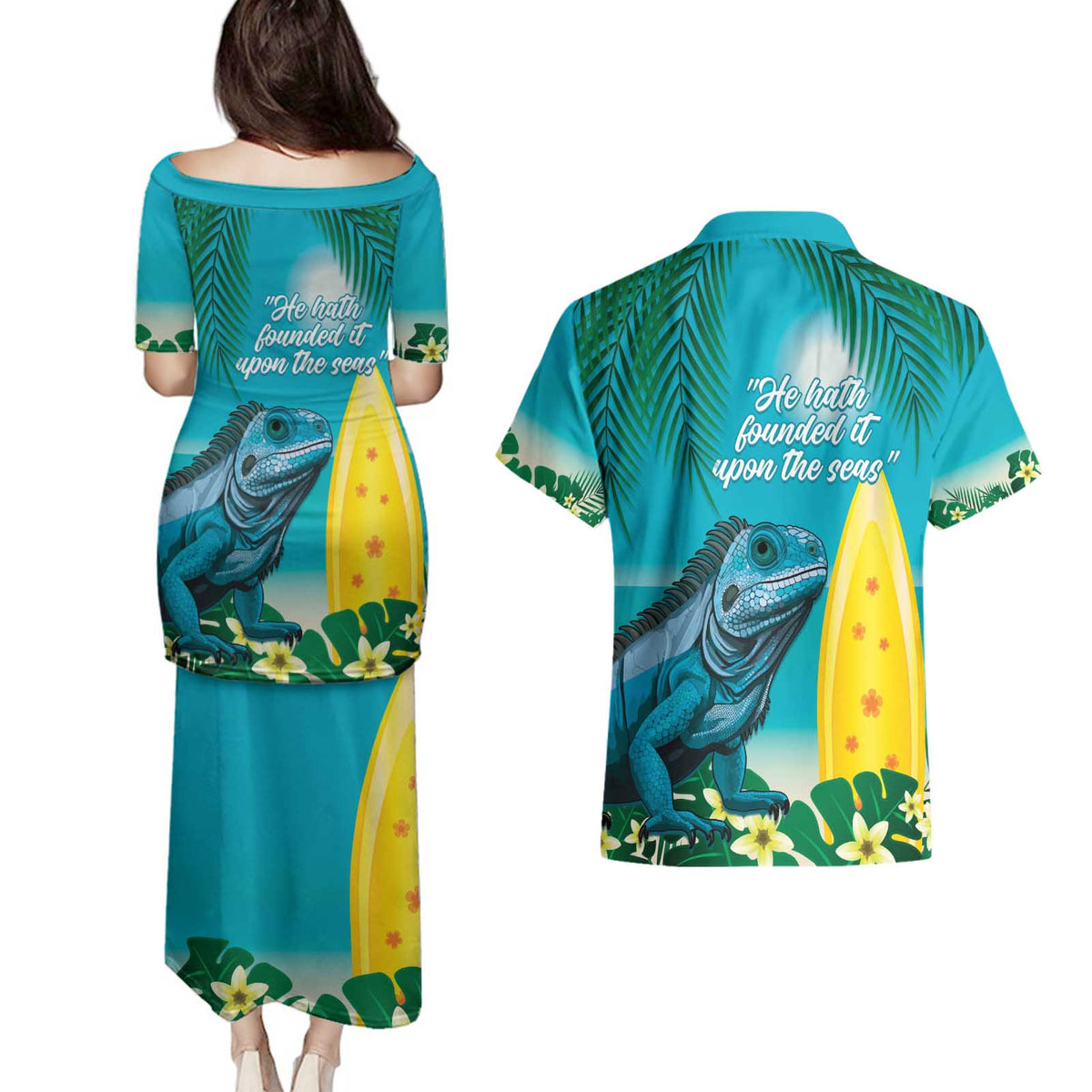 Blue Iguana Cayman Islands Couples Matching Puletasi and Hawaiian Shirt Turquoise Tropical Vibes
