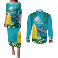 Blue Iguana Cayman Islands Couples Matching Puletasi and Long Sleeve Button Shirt Turquoise Tropical Vibes