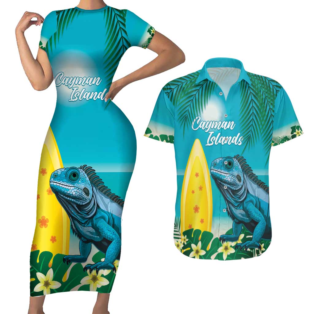 Blue Iguana Cayman Islands Couples Matching Short Sleeve Bodycon Dress and Hawaiian Shirt Turquoise Tropical Vibes