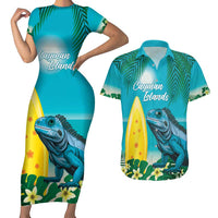 Blue Iguana Cayman Islands Couples Matching Short Sleeve Bodycon Dress and Hawaiian Shirt Turquoise Tropical Vibes