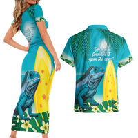 Blue Iguana Cayman Islands Couples Matching Short Sleeve Bodycon Dress and Hawaiian Shirt Turquoise Tropical Vibes