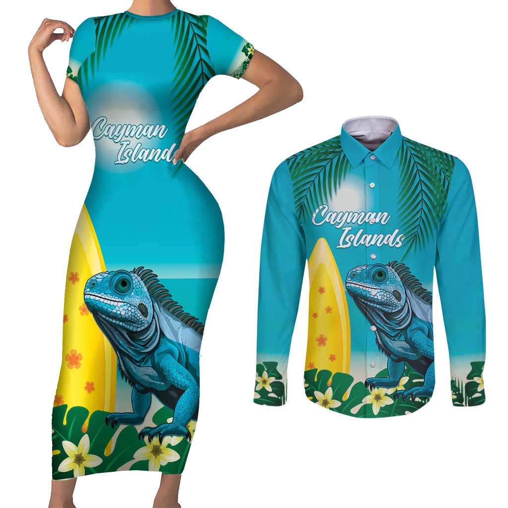 Blue Iguana Cayman Islands Couples Matching Short Sleeve Bodycon Dress and Long Sleeve Button Shirt Turquoise Tropical Vibes
