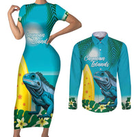 Blue Iguana Cayman Islands Couples Matching Short Sleeve Bodycon Dress and Long Sleeve Button Shirt Turquoise Tropical Vibes