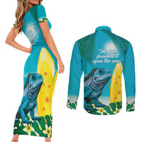 Blue Iguana Cayman Islands Couples Matching Short Sleeve Bodycon Dress and Long Sleeve Button Shirt Turquoise Tropical Vibes