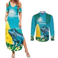 Blue Iguana Cayman Islands Couples Matching Summer Maxi Dress and Long Sleeve Button Shirt Turquoise Tropical Vibes