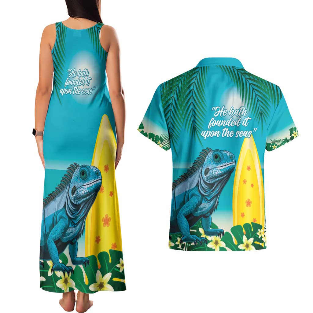 Blue Iguana Cayman Islands Couples Matching Tank Maxi Dress and Hawaiian Shirt Turquoise Tropical Vibes