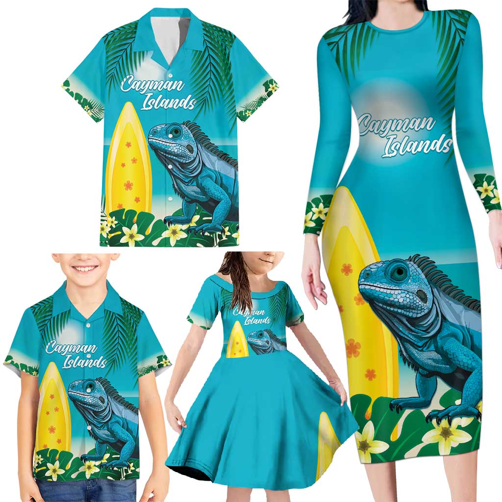 Blue Iguana Cayman Islands Family Matching Long Sleeve Bodycon Dress and Hawaiian Shirt Turquoise Tropical Vibes - Wonder Print Shop