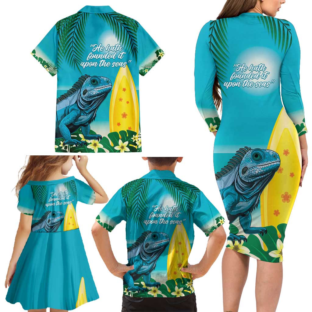 Blue Iguana Cayman Islands Family Matching Long Sleeve Bodycon Dress and Hawaiian Shirt Turquoise Tropical Vibes - Wonder Print Shop