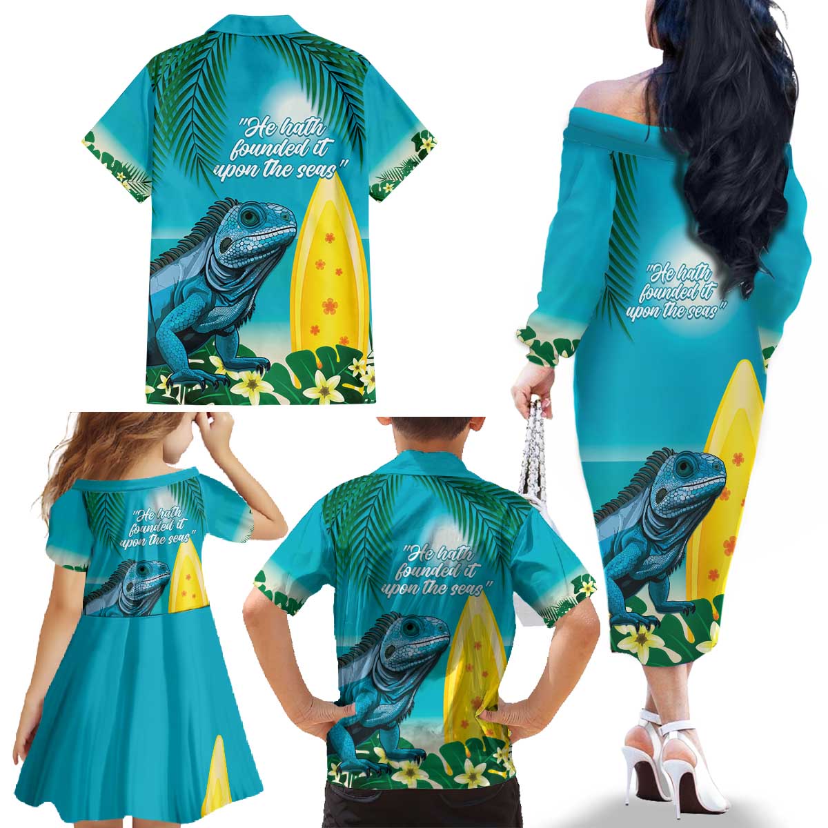 Blue Iguana Cayman Islands Family Matching Off The Shoulder Long Sleeve Dress and Hawaiian Shirt Turquoise Tropical Vibes