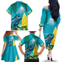 Blue Iguana Cayman Islands Family Matching Off The Shoulder Long Sleeve Dress and Hawaiian Shirt Turquoise Tropical Vibes