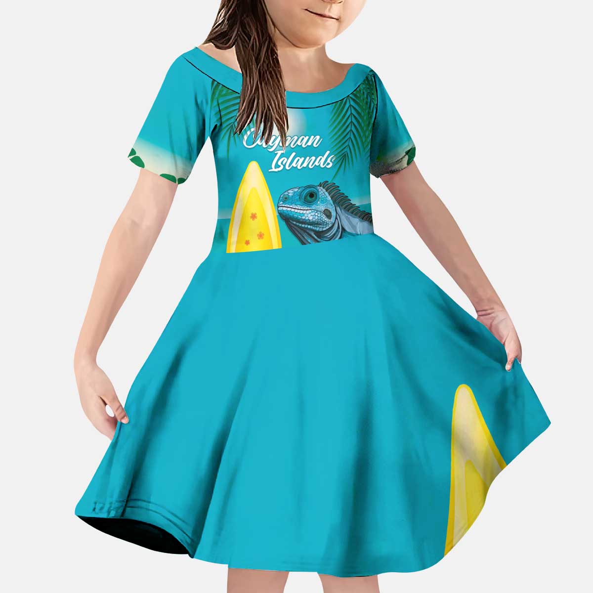 Blue Iguana Cayman Islands Kid Short Sleeve Dress Turquoise Tropical Vibes - Wonder Print Shop