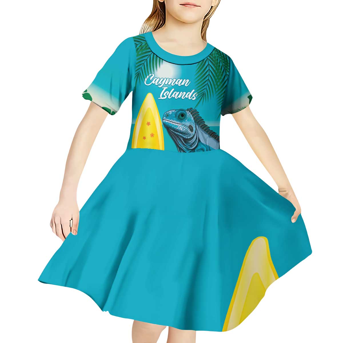 Blue Iguana Cayman Islands Kid Short Sleeve Dress Turquoise Tropical Vibes - Wonder Print Shop