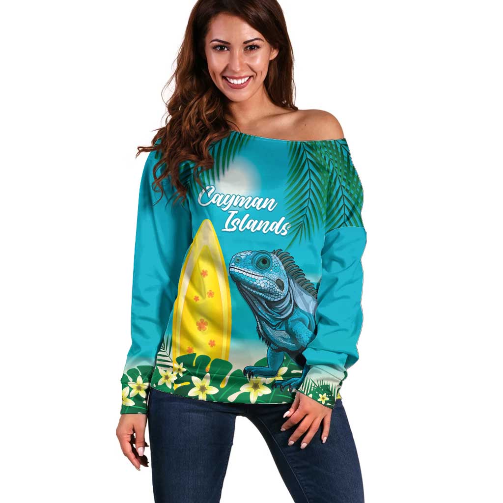 Blue Iguana Cayman Islands Off Shoulder Sweater Turquoise Tropical Vibes - Wonder Print Shop