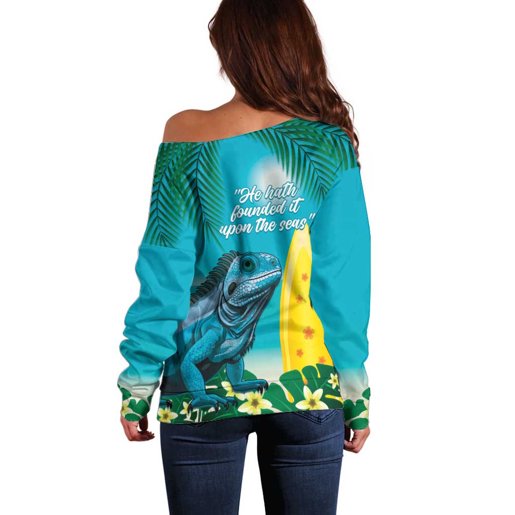 Blue Iguana Cayman Islands Off Shoulder Sweater Turquoise Tropical Vibes - Wonder Print Shop