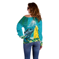 Blue Iguana Cayman Islands Off Shoulder Sweater Turquoise Tropical Vibes - Wonder Print Shop