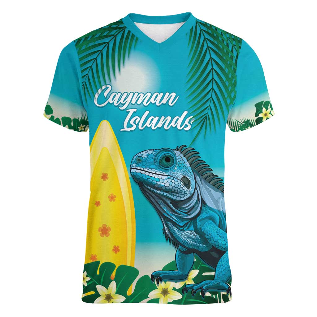 Blue Iguana Cayman Islands Women V-Neck T-Shirt Turquoise Tropical Vibes - Wonder Print Shop