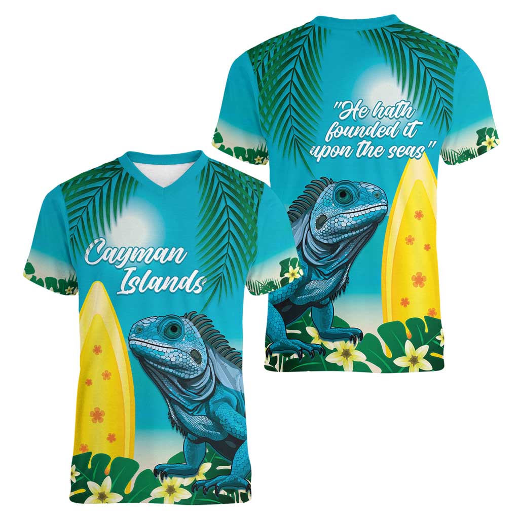 Blue Iguana Cayman Islands Women V-Neck T-Shirt Turquoise Tropical Vibes - Wonder Print Shop