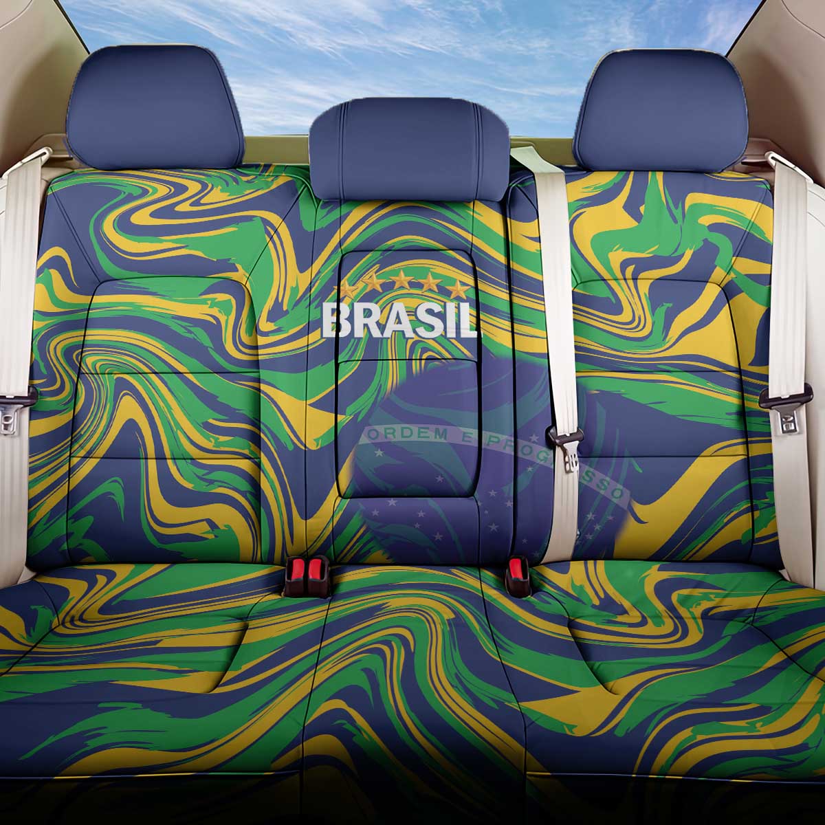 Brazil Football Back Car Seat Cover 2026 Vamos Brasil Marble Pattern - Wonder Print Shop